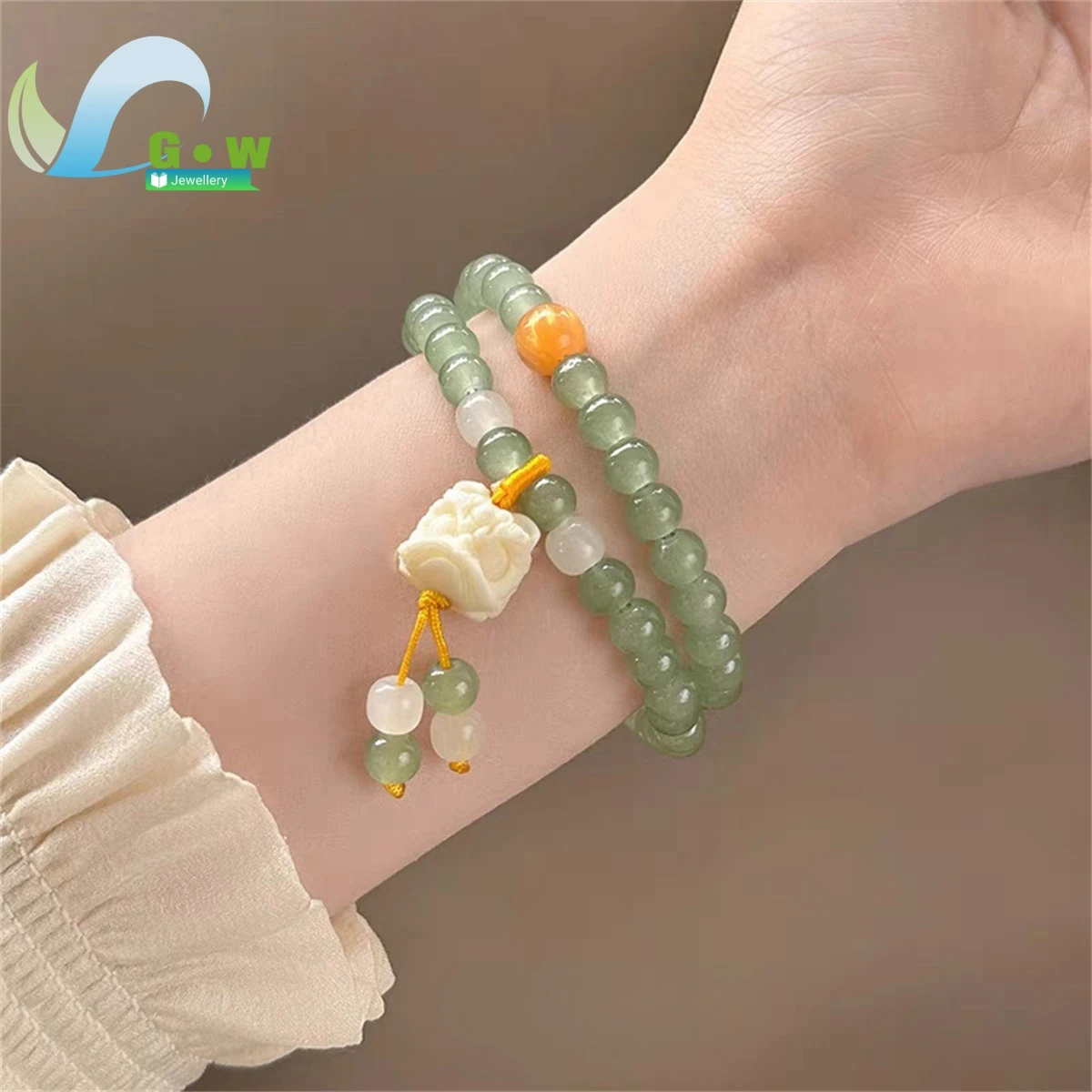 New Chinese Ancient Style Lion Awakening Double Layer Green Beaded Bracelet For Women Simple Cool Bracelet High Appearance Gift