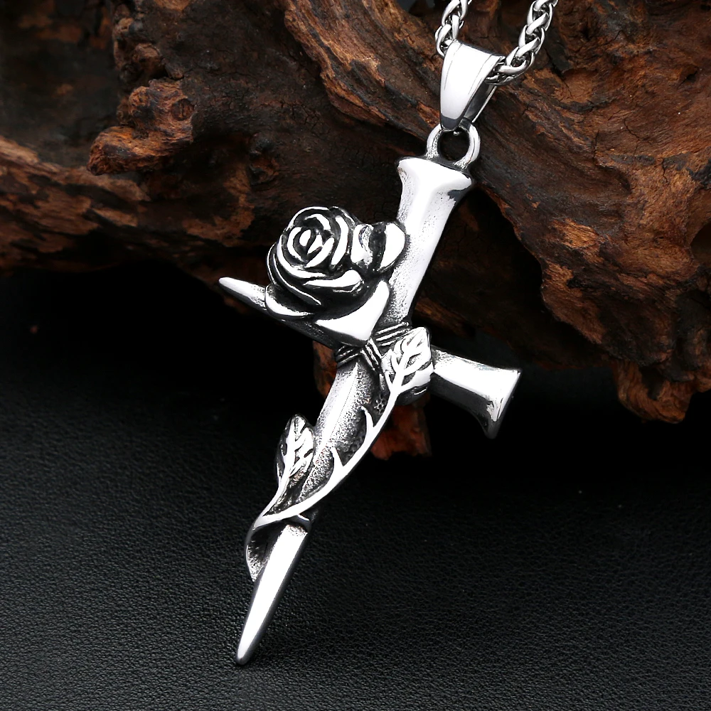 

Fashion Vintage Rose Cross Necklace Stainless Steel Biker Amulet Pendant For Men Women Unique Punk Jewelry Gifts Dropshipping