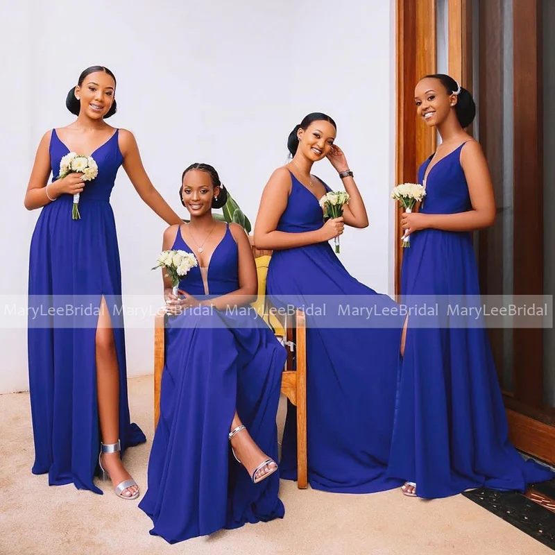 

Cheap Royal Blue Bridesmaids Dresses Plunging Deep V-neck A-line Front Slit Long Wedding Guest Dress Formal Maid Of Honor Gowns