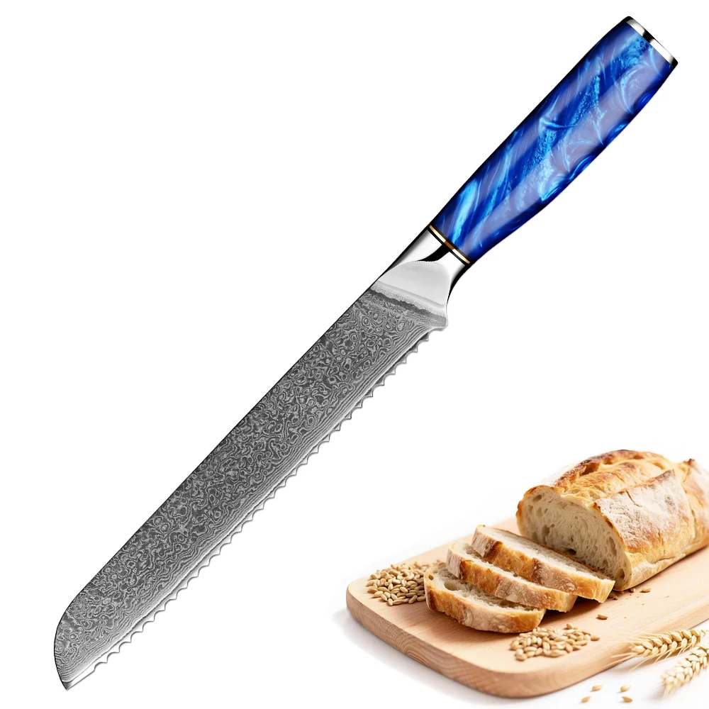 Brotmesser, 20,3 cm gezahntes Küchenmesser, blauer Harzgriff, 67-lagiges Messer aus Damaststahl zum Schneiden von Brot, Bagels, Kuchen