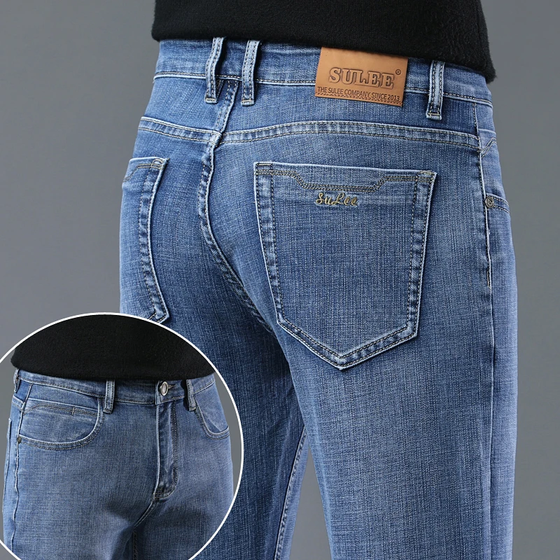 SULEE Jeans dritti da uomo ricamati Business Fashion Pantaloni in denim casual elastici Pantaloni in denim quotidiani a vita media di alta qualità da uomo
