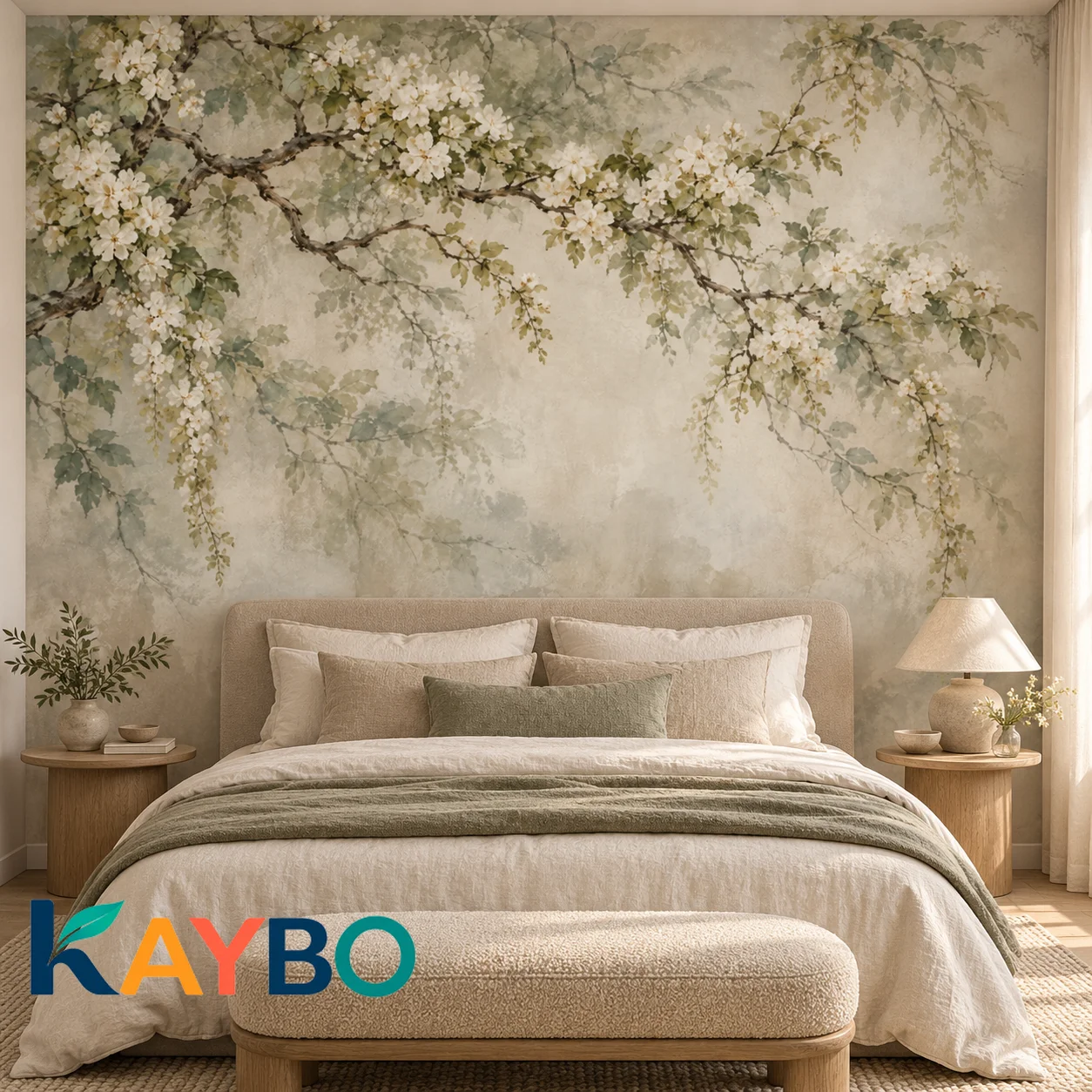 Floral Wall Mural Vintage Bloom Branches Botanical Watercolor Wallpaper Non Self Adhesive Bedroom Living Room Neutral Home Decor