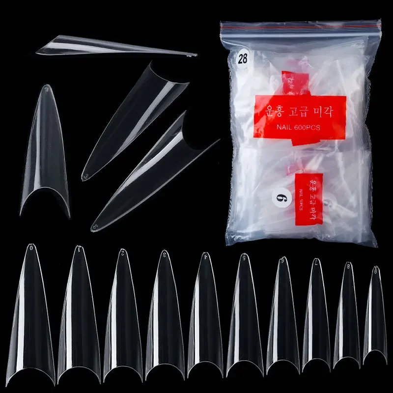 600pcs/bag Transparent Nature Press On Nails Tips Stiletto Fake Nail Acrylic Full Cover Artificial Nail Manicure Extension Tools