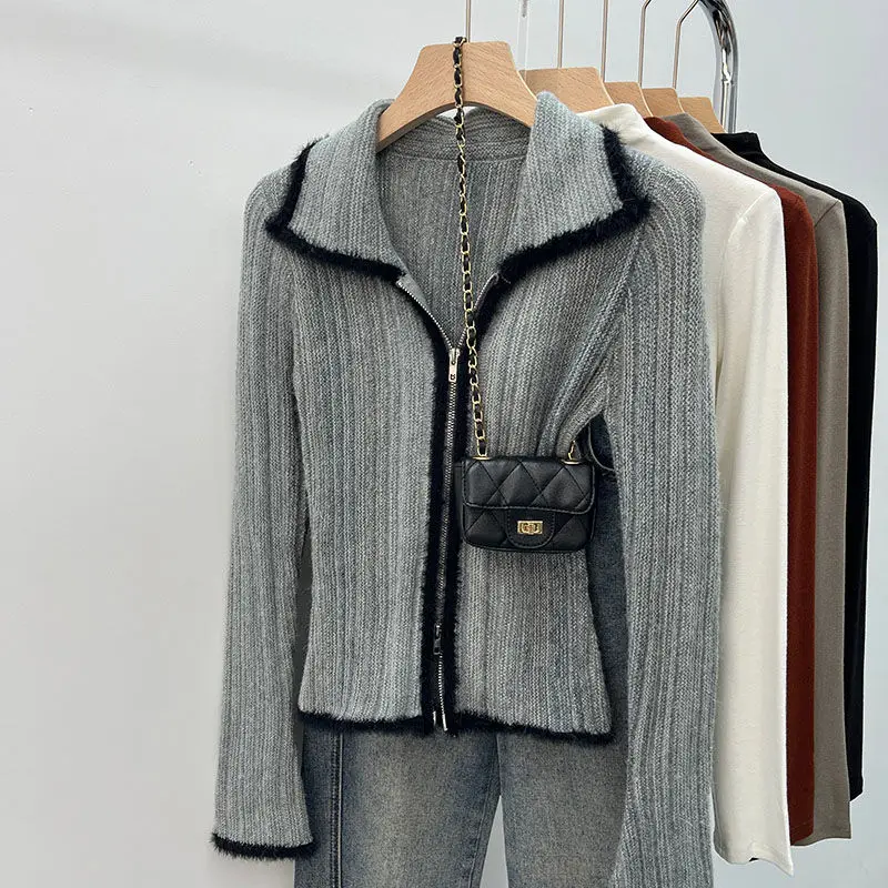 Autumn and Winter Unique and Chic American Retro Spicy Girl Gradient Color Lapel Sweater Knit Base Cardigan Women's Inner Top