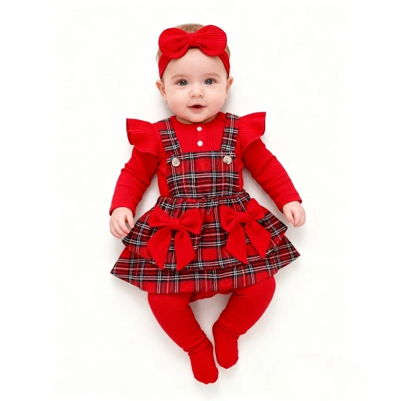 

Festive Plaid Romper Set with Bow Headband - 3Pcs Baby Girl Winter Outfit for Photo Shoots & Christmas.одежда для новорожденных