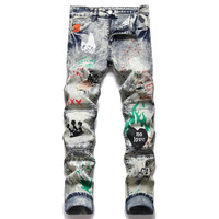 Brand Men Printed Stretch Denim Jeans Streetwear Patchwork Painted Biker Pants Holes Ripped Distressed Slim Tapered Trousers