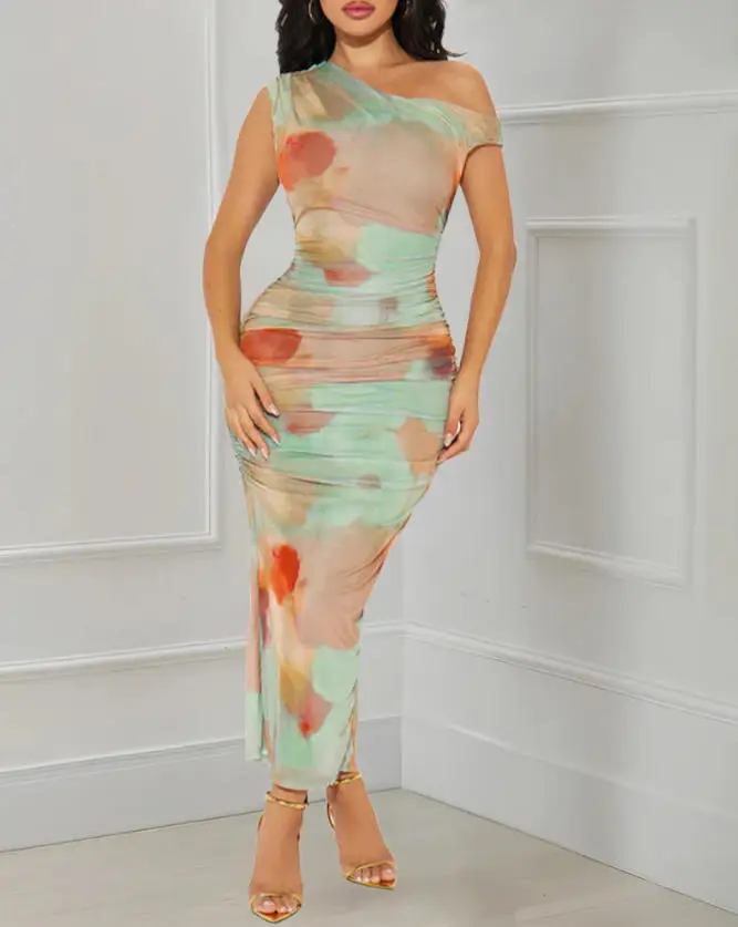 

Women's Dress Fashionable Sexy Temperament Tie Dye Color Blocking Print Slanted Collar Design High Waist Hip Hugging Dress