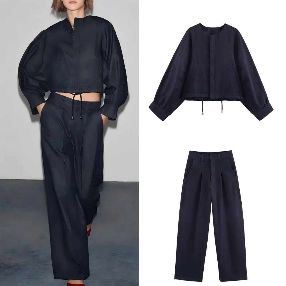 

Women's new fashion casual O Neck pleated denim flying jacket retro long sleeved Button-up women's Coat chic top+Jeans suit