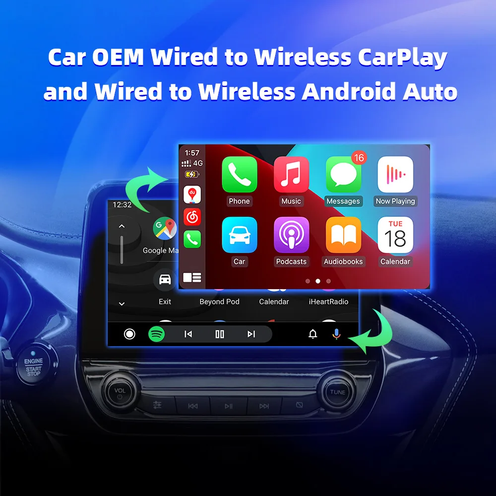 EC04-B سلكي إلى CarPlay اللاسلكي وAndroid محول لاسلكي تلقائي سبوتيفي لتويوتا مازدا نيسان كامري أودي فورد كيا هيونداي