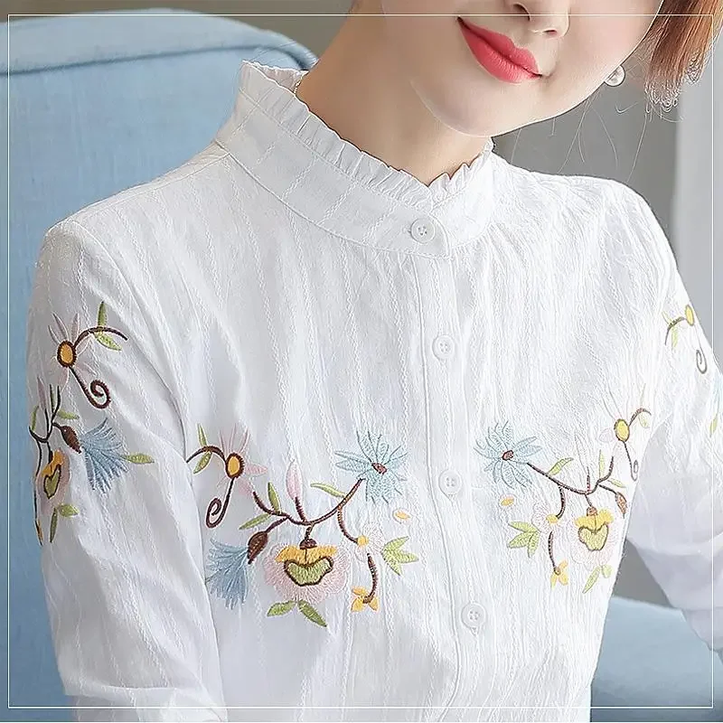 

Women Blouse Autumn Winter Women's Top Embroidered White St Collar Long Sleeve Shirt Bulses Ropa De Majer XQ392