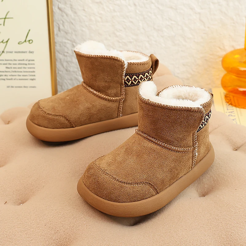 Toddler Girls Warm Fleece Leather Boots 2025 New Winter Kids Snow Boots Anti-slippery Simple Versatile School Outdoor Play Boots