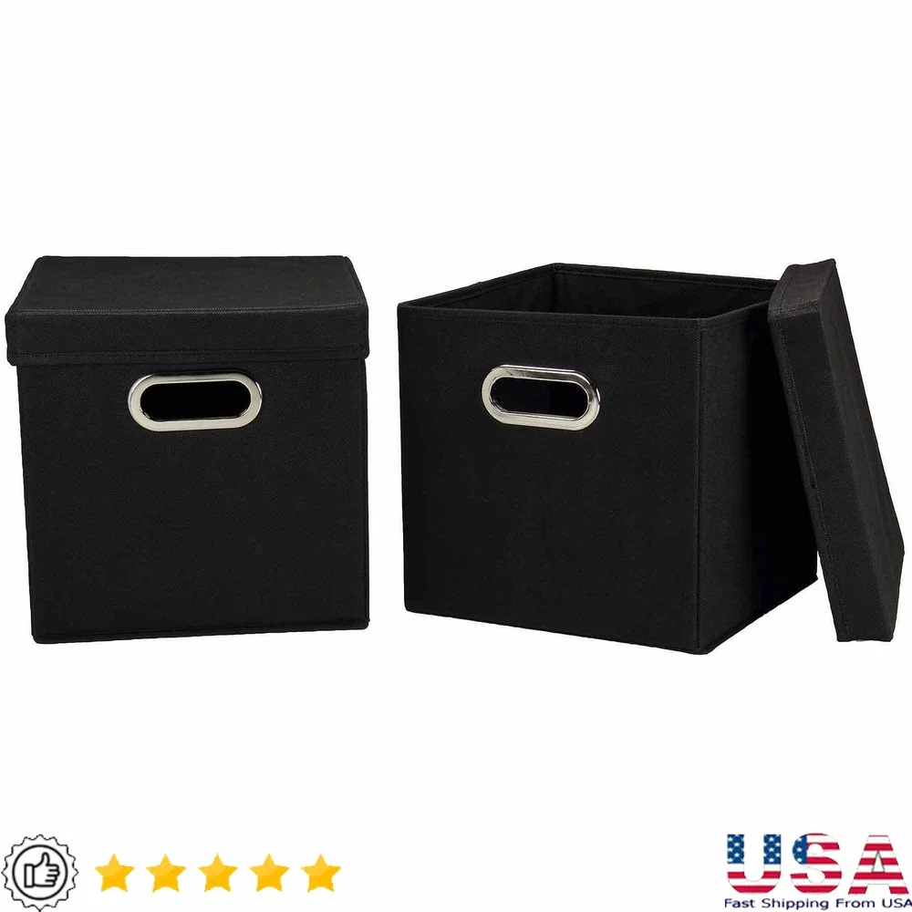 

Storage Cubes with Lids Set of 2 Collapsible Fabric Boxes Organizing Toys Linens Sturdy Grommet Handles Bedroom Closet Decor