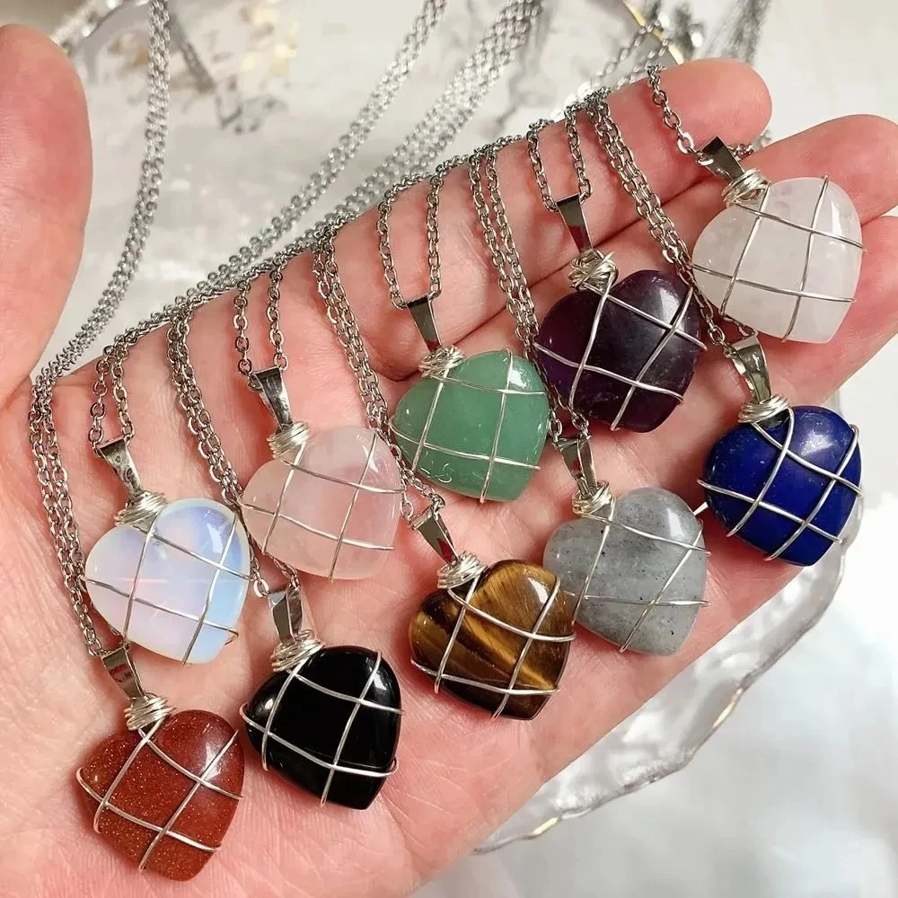 

12pc Natural Crystal Stone Wire Wrap Princess Heart Pendant Green Agates Quartz Opal Charms Necklace Jewelry Making