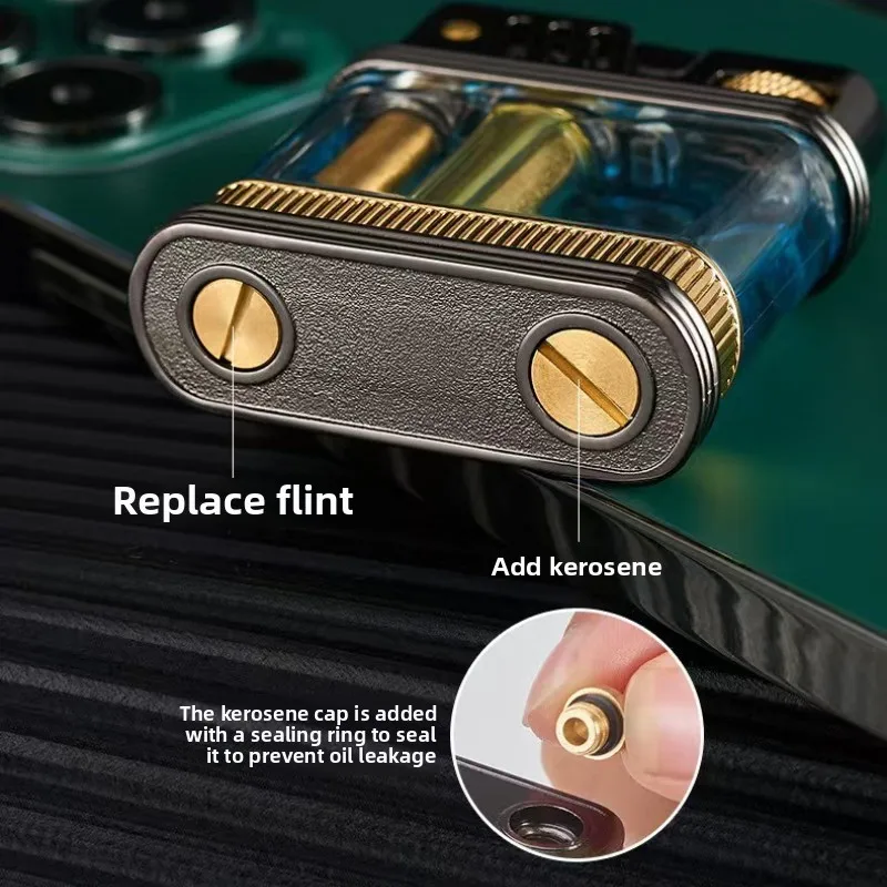 2026 New Retro Kerosiene Lighter Original Metal Cigarette Grinding Wheel Lighter Steel Windproof Transparent Lighter
