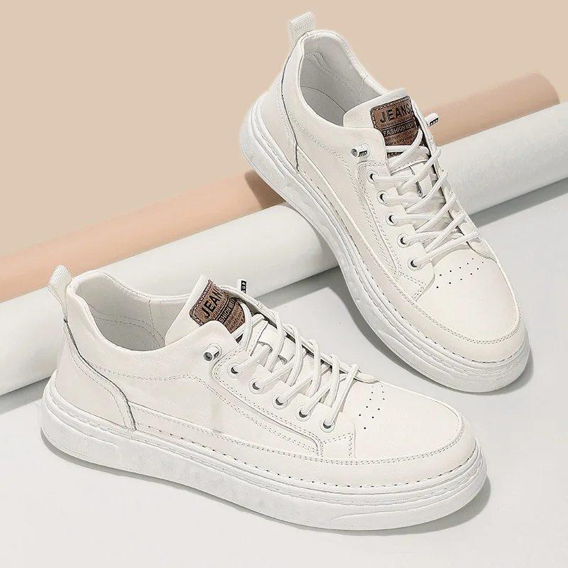 

Spring New Shoes for Men Genuine Leather Casual Platform Shoes White Flat Skateboard Shoes Cool Chunky Sneakers
