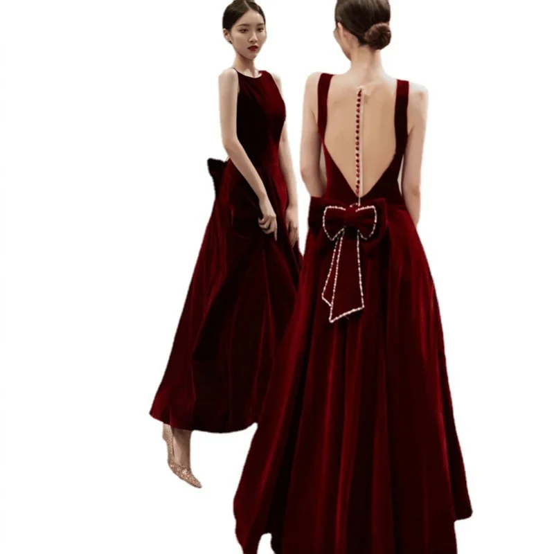 Vestido de noche de princesa con lazo para mujer, vestido de novia tostado, rojo vino, alta gama, L0731