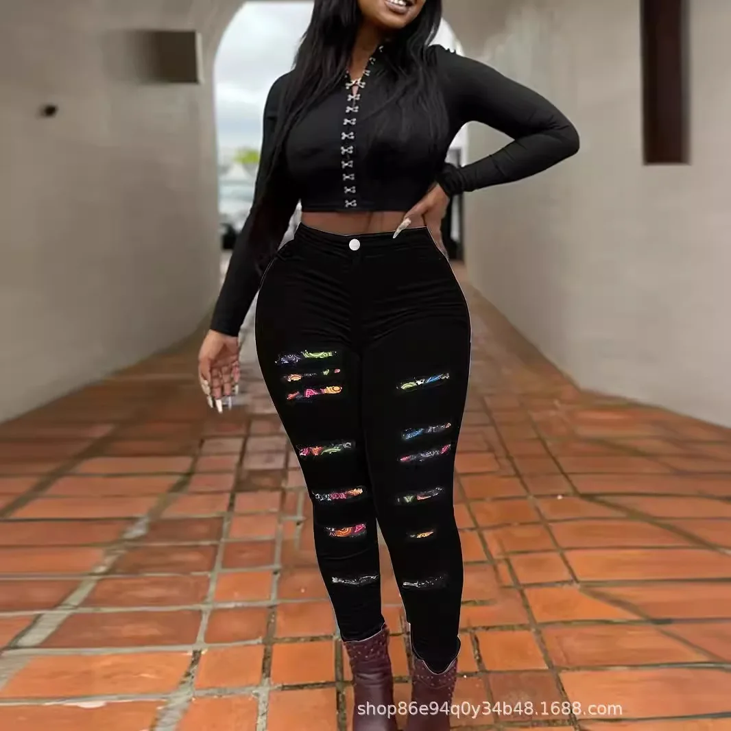 

Mom Jeans Women Holes Denim High Waist Trousers Button Zipper Pencil Pants Y2k Streetwear Skinny Ankle Lenth 2025 Spring Bodycon