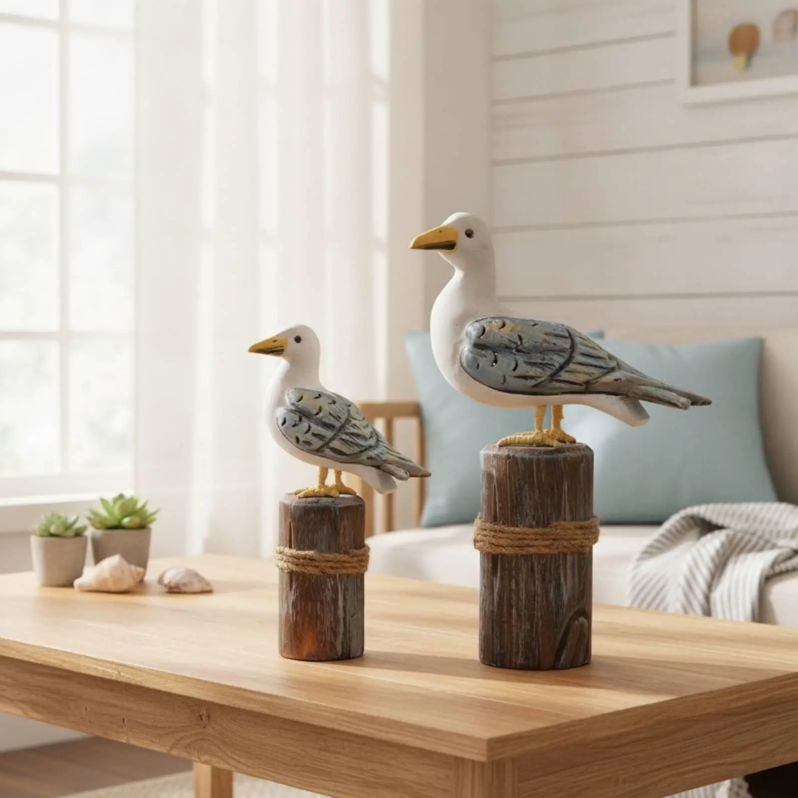 2 Pieces Seagull Ornament with Rope Handmade Statue Distressed for Shelf