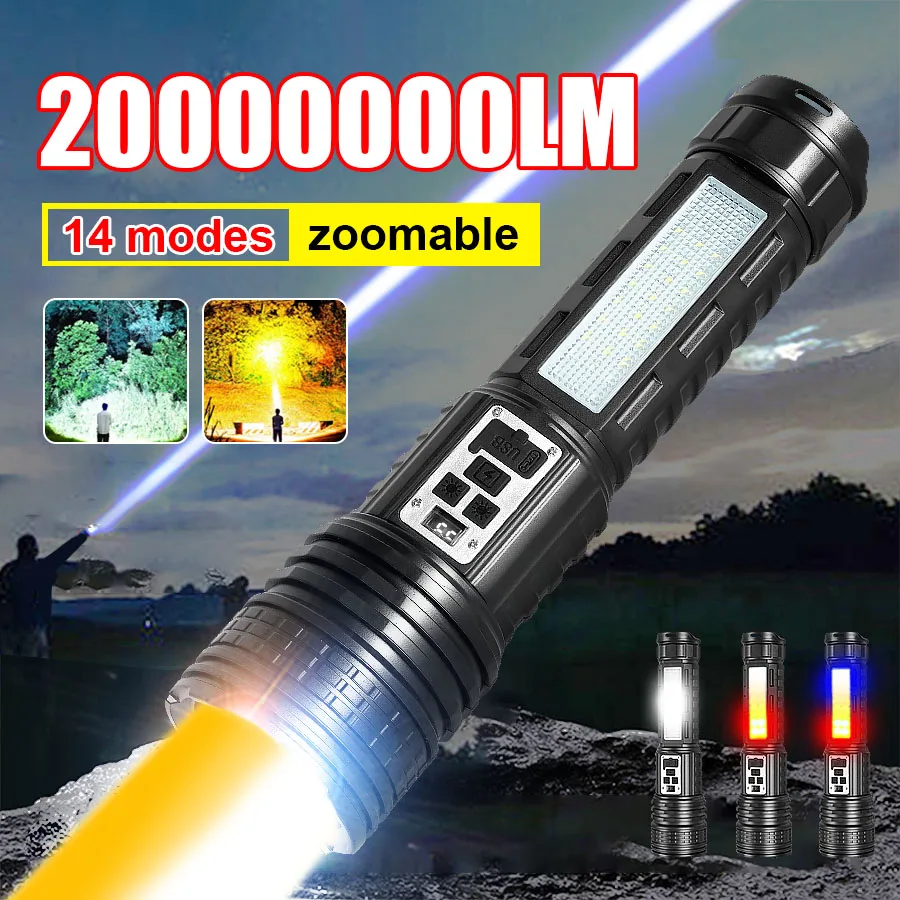 2000000LM Most Powerful Flashlight High Power Rechargeable Flashlights Torch Long Range Tactical Hand Lamp with Built in Battery