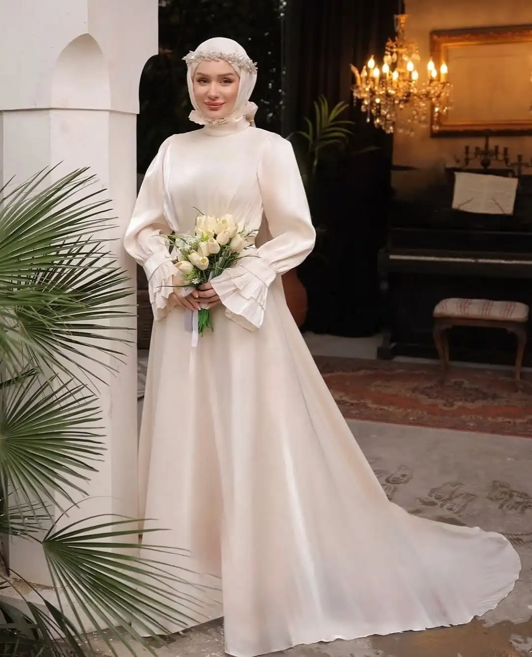 Modest Wedding Dresses Hijab Women Bride High Collar Long Flare Sleeve Ruff A Line Muslim Bridal Gowns Customized robe de mariée