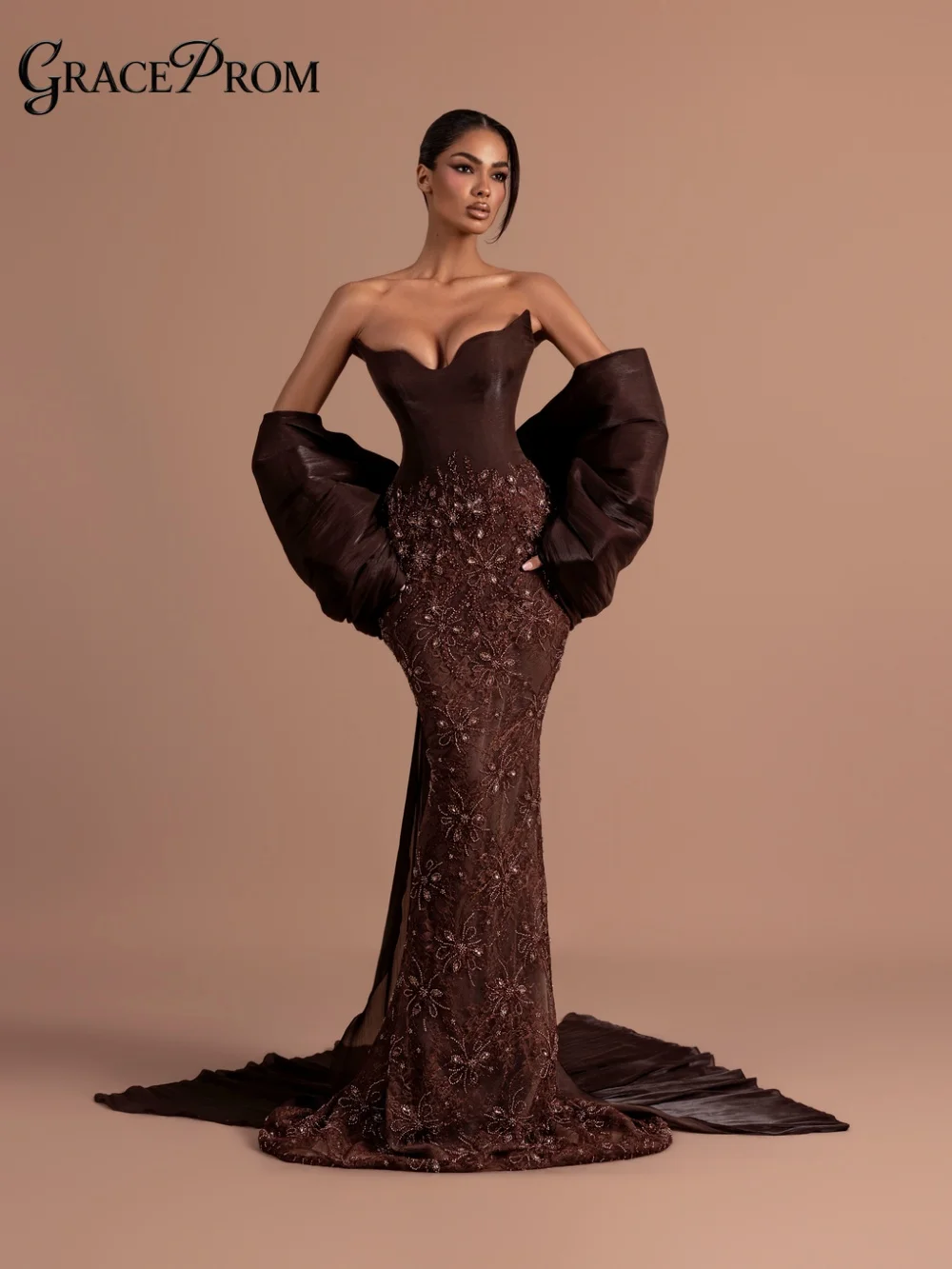 Chocolate Brown Strapless Sweetheart Party Dress Beaded Floral Lace Oversized Sleeves Evening Gown For Wedding Guest فساتين سهرة