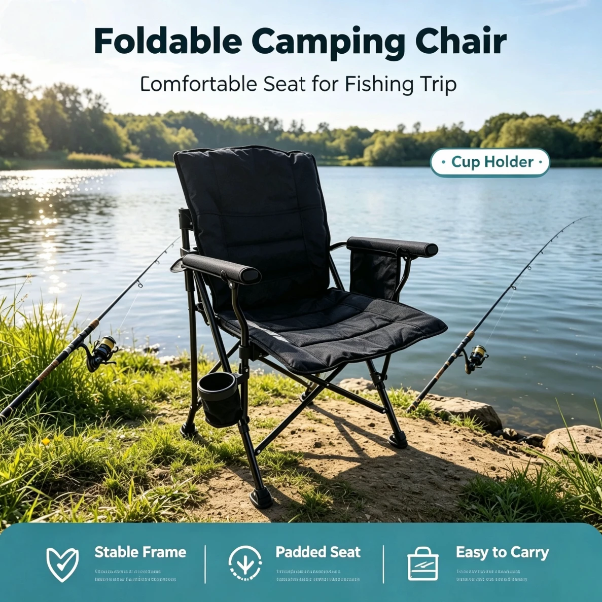 Padded High Back Folding Fishing Chair Armrest Cup Holder Storage Pouch Portable Modern Outdoor Camping Beach Picnic Garden Park