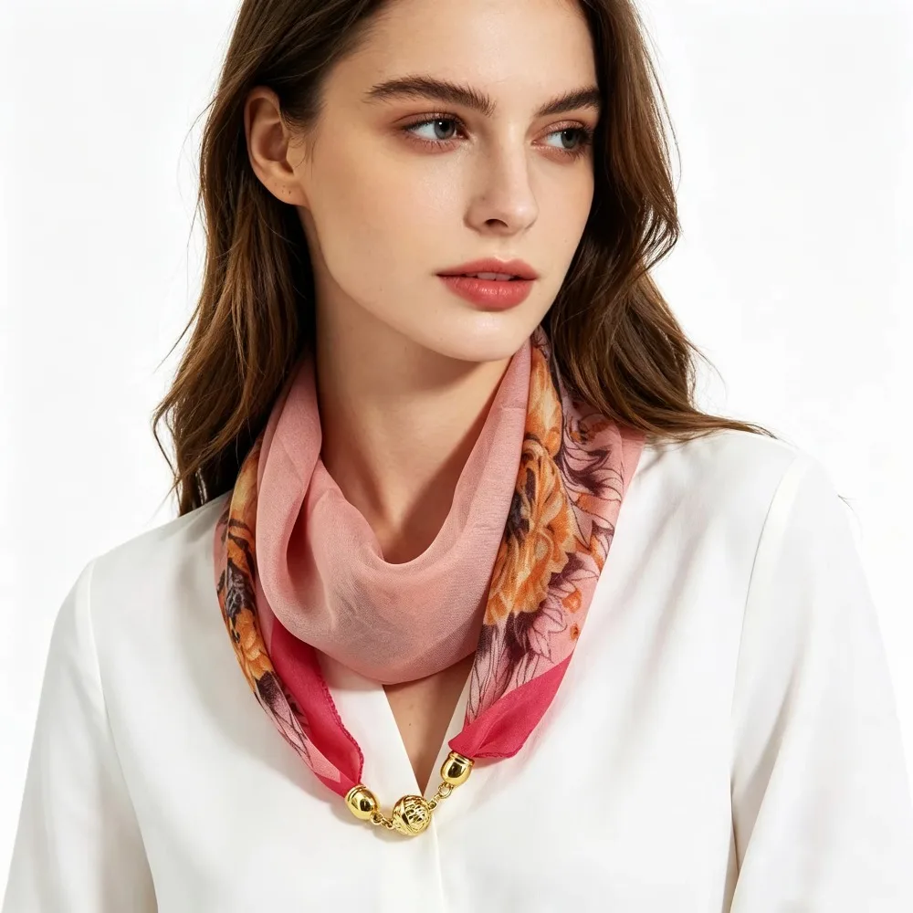 1pc White Pink Flower Print Chiffon Necklace Scarf Women Magnetic Scarf Fashion Decor Neck Choker gallery 2