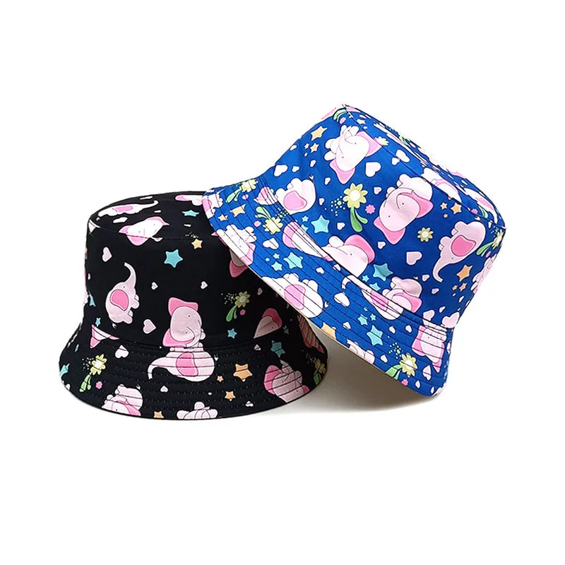 2024 Four Seasons Polyester Cartoon Elephant Print Bucket Hat Outdoor Travel Sun Cap For Child Boy and Girl 82