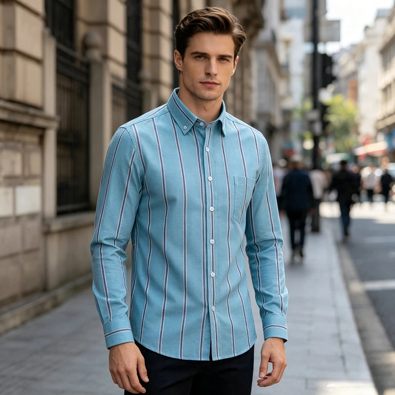 2026 New Long-sleeve Shirts  Men Slim Fit Formal Plain Shirt Striped Plaid Slingle Pocket TopsItems Clothes