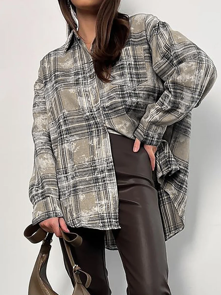 

Loose Fit Pure Cotton Long Sve Plaid irt Women's Original Design Turn-down Collar Regular Length Comfortable Casual irt