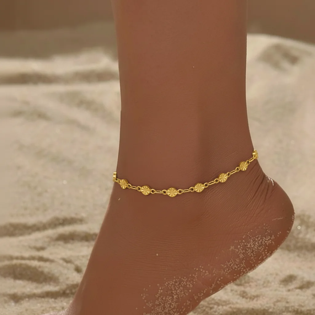 18K Gold Stainless Steel Anklet Barefoot Sandals Women Ankle Chain 23-28cm High Polished Sparkling Daisy Charm 9