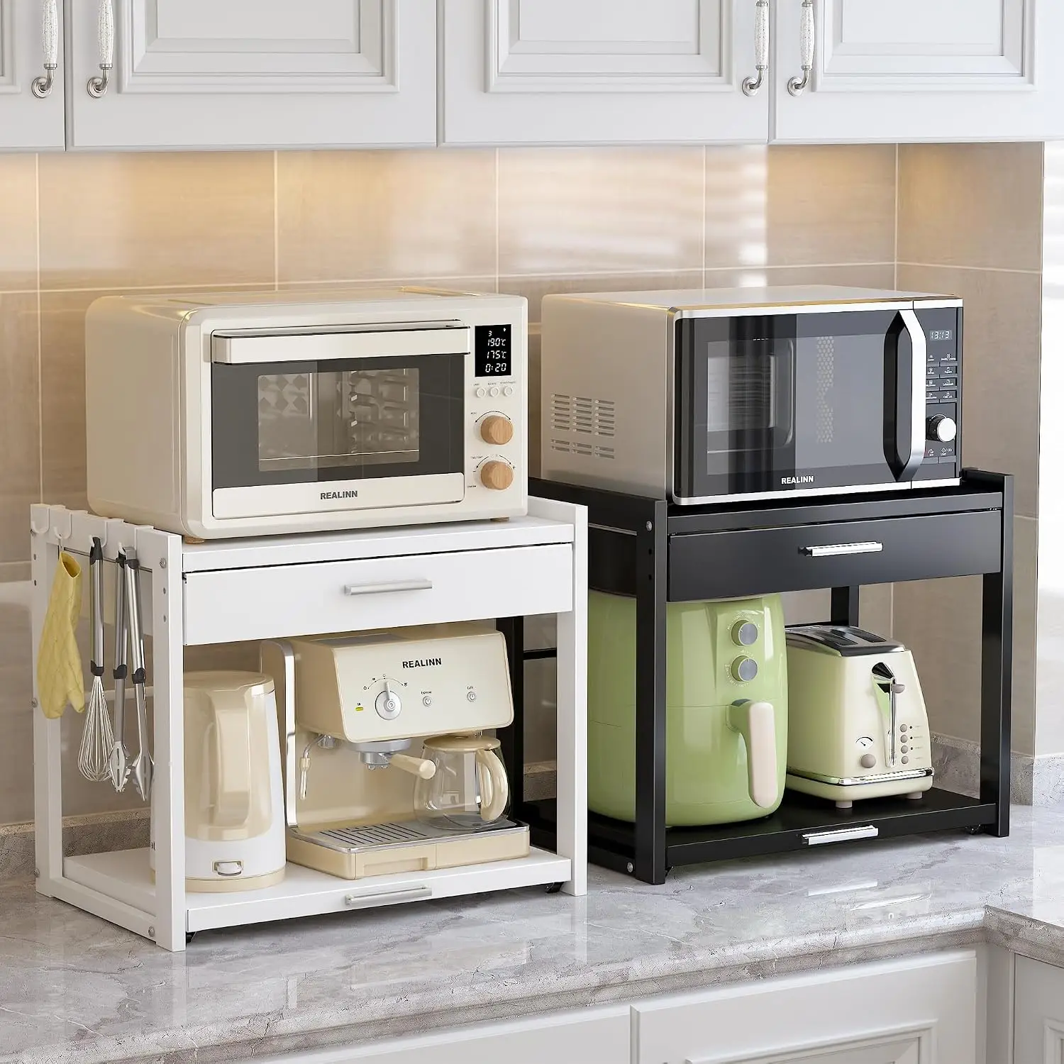Microwave Stand with Pull-Out Drawer, 4 Hooks, Adjustable Shelf Fits Microwaves, Coffee Makers & Toasters In Smaller Kitchens