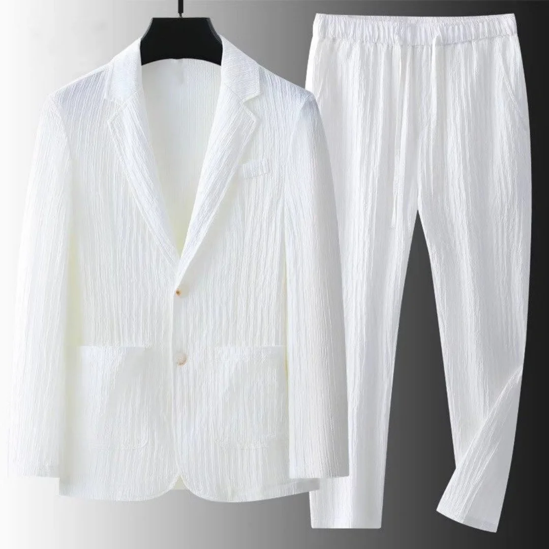 Mens Thin Notch Lapel Single Breasted 2 Piece Casual Suit Blazer & Drawstring Pants Set Men Lightweight Outfit