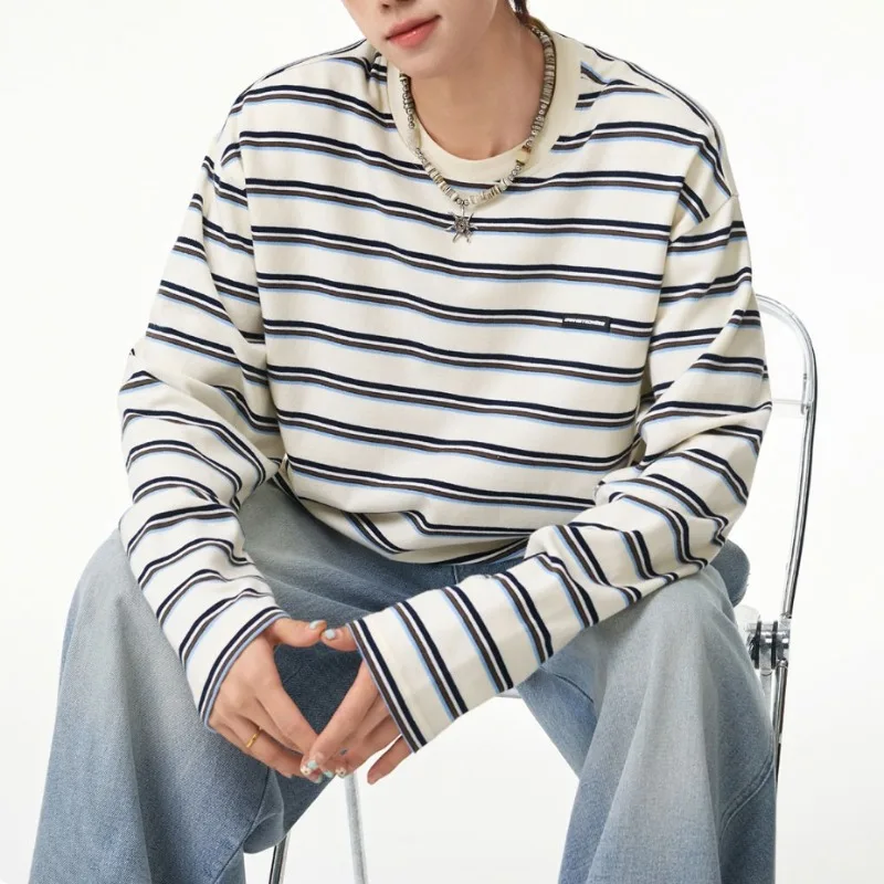 Classic Retro Contrasting Striped Long Sleeved T-shirt for Men Autumn Loose Versatile Casual Pullover Top Unisex College Style