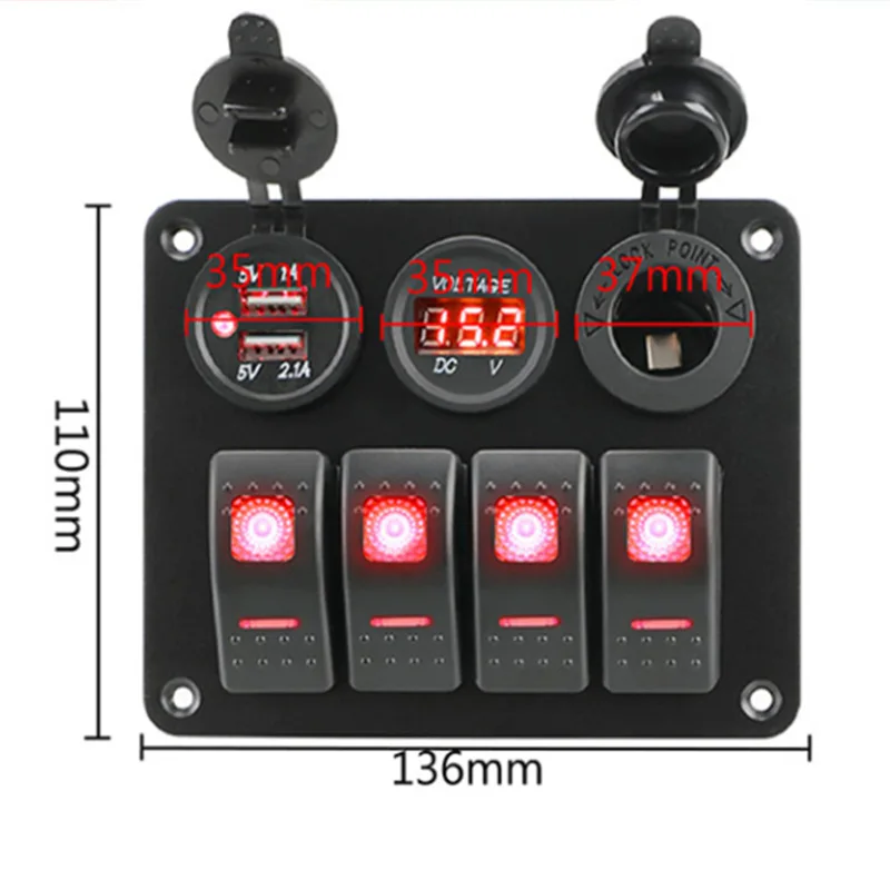 Rocker switch, LED double-sided board, USB port, internal accessories panel, aluminum, 4 sets of waterproof digital voltmeter