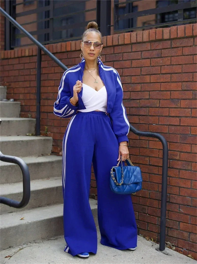 2 Piece Sets Women Outfit Winter Fall Clothes 2024 Women Side Striped Crop Top Wide Leg Pants Sets Casual Sweatsuits Woman Sets