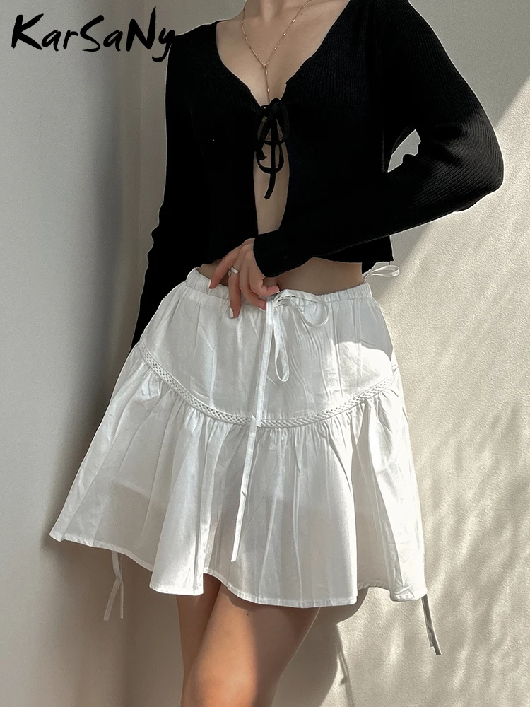 White Mini Skirts Women Summer A-line Lace Up Short Skirts With Shorts Elastic Waist Pleated Blue Mini Skirt Women School Skirt