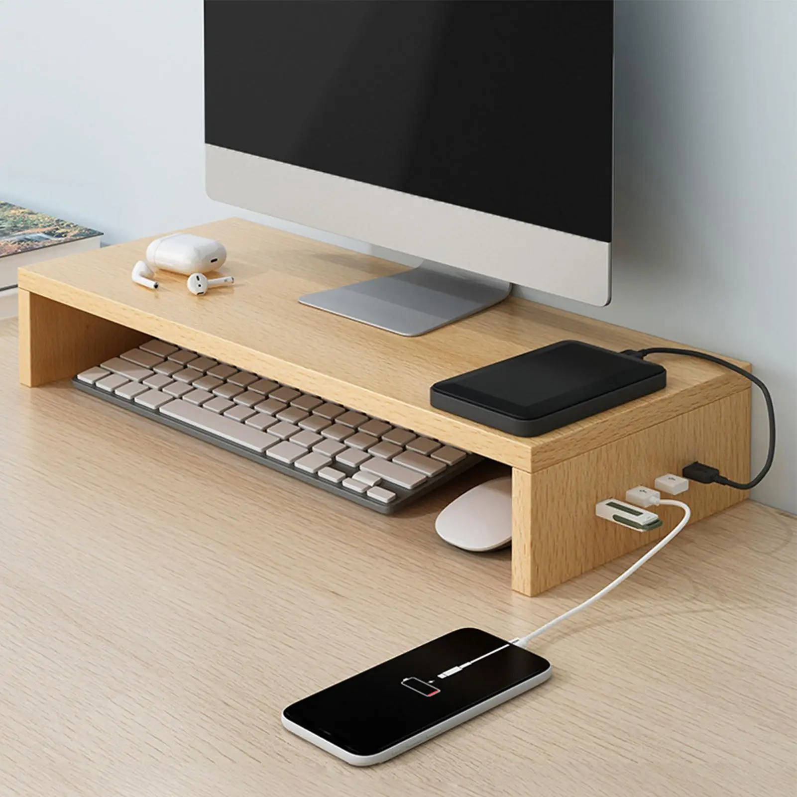 Monitor Stand Riser Ventilation Shelf Monitor riser with 4 USB ports Office Printer Stand wooden office keyboard storage rack