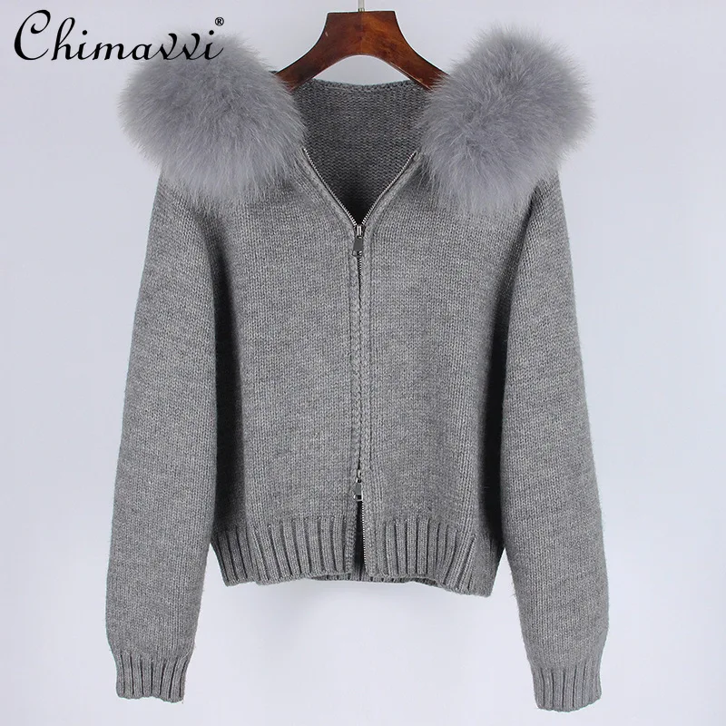 

Зима 2024, новый корейский стиль, повседневные толстовки с меховым воротником, куртки, модные универсальные вязаные свитера, кардиганы, женское короткое пальто