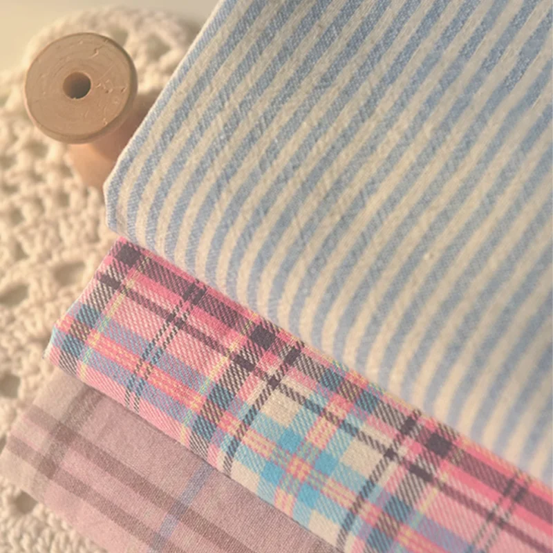 

140cm*50cm Fabric Powder White Grid Blue Striped Cotton Linen Fabric Suitable For Shirt Dress Toy Doll Clothing Fabric