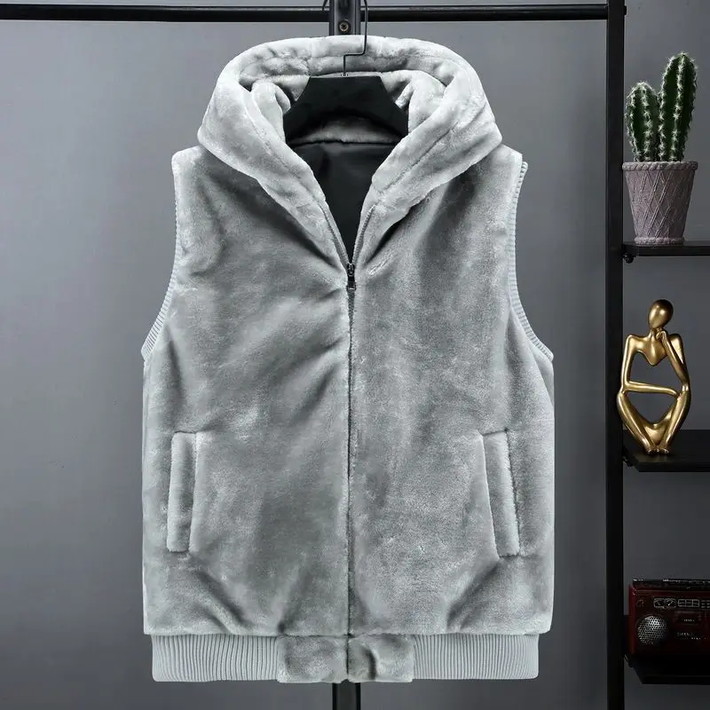 KIDWHXR Autumn Winter Men Thicken Velvet Cold-proof Vest Man Slim Solid Sleeveless Zipper Male Coat Casual Hooded Waistcoat
