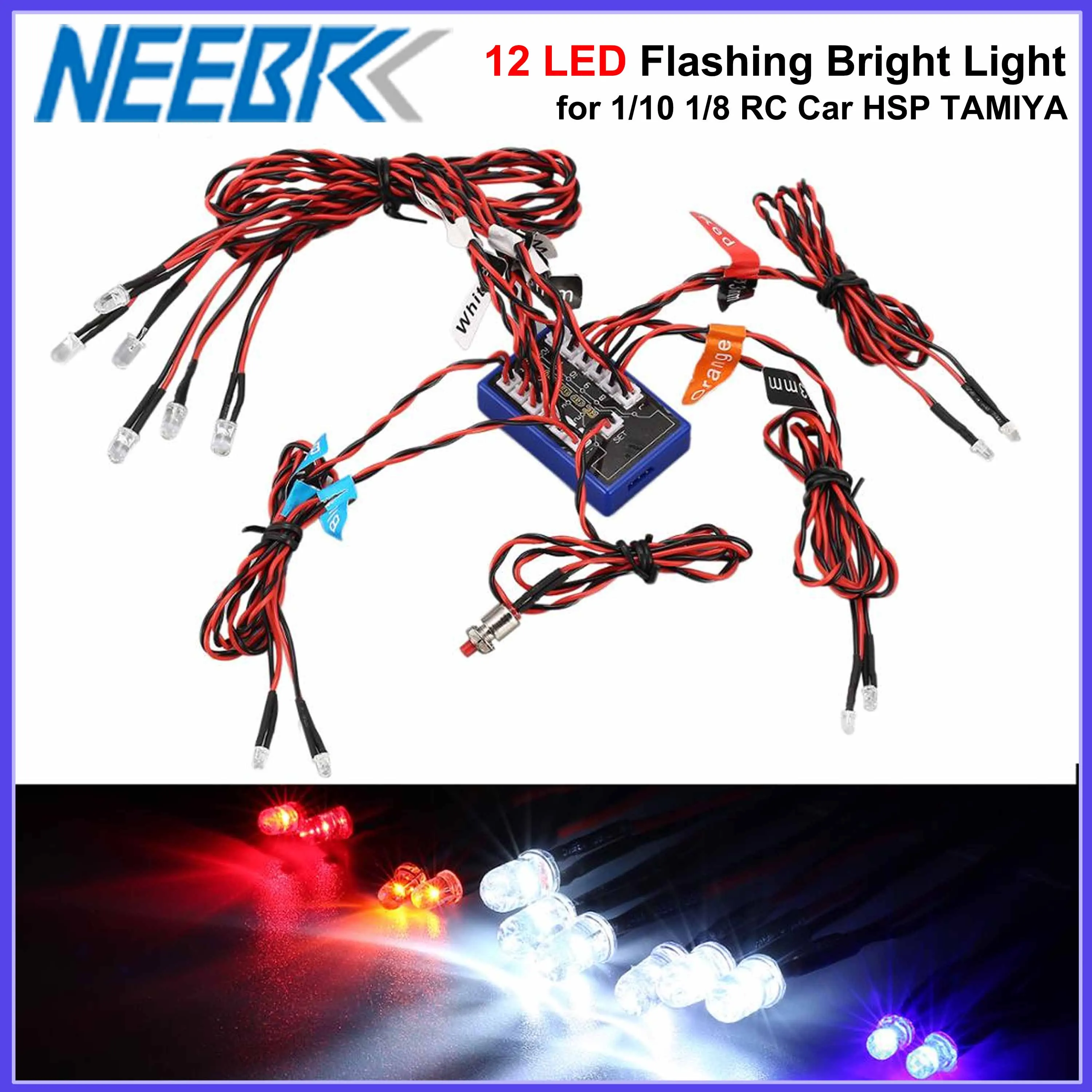 12 LED Flashing Bright Light Steering Brake Strobe Light Kit System for 1/10 1/8 RC Drift Car Truck HSP TAMIYA CC01 4WD Parts