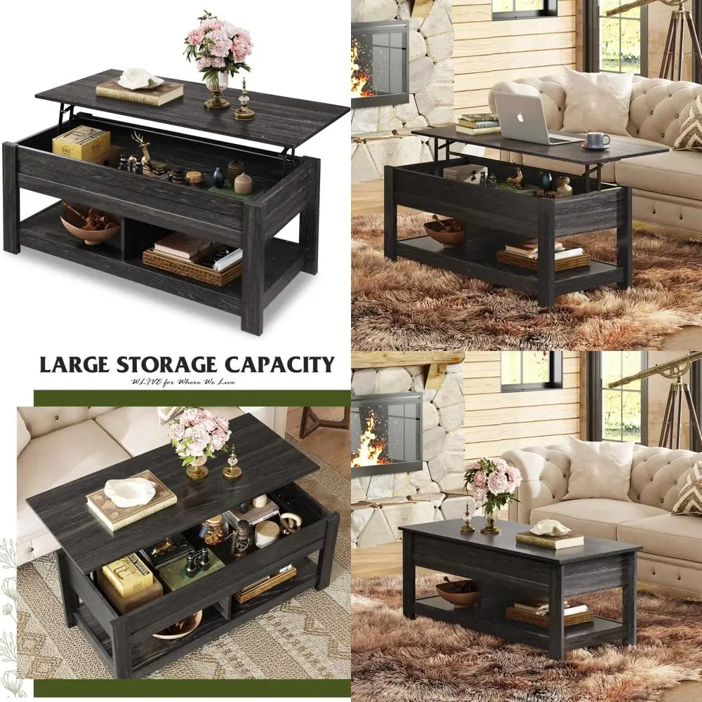 

Espresso Finish 47 Lift Top Coffee Table with Hidden Storage and Shelves for Living Room Use