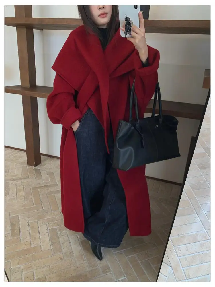 Giacche lunghe di lana da donna rosse natalizie 2025 Inverno con sciarpa Cappotti di lana 100% da donna larghi X-Long con un bottone