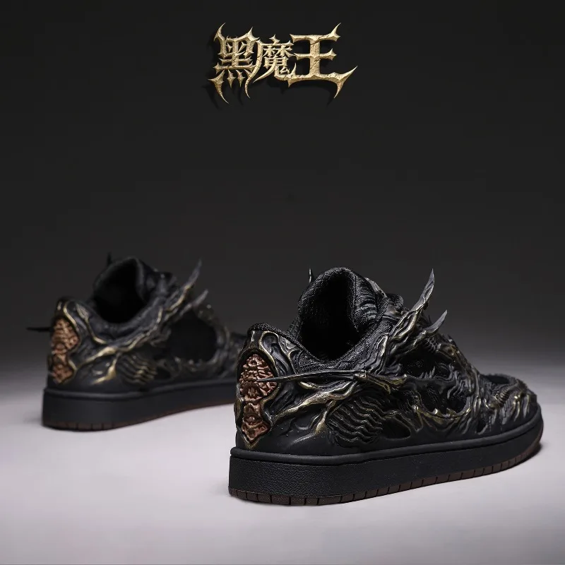 Men Dark Demon Totem Board Shoes 2026 Chinese Style Low‑top Rubber Sole Wear‑resistant Lace‑up Casual Sneakers Black Red