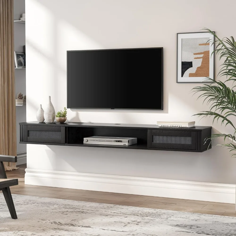

Floating TV Stand Shelf with Power Outlet, Mid Century Modern Wall Mount Shelf for TVs up to 80",Media Console TV Cabinet with