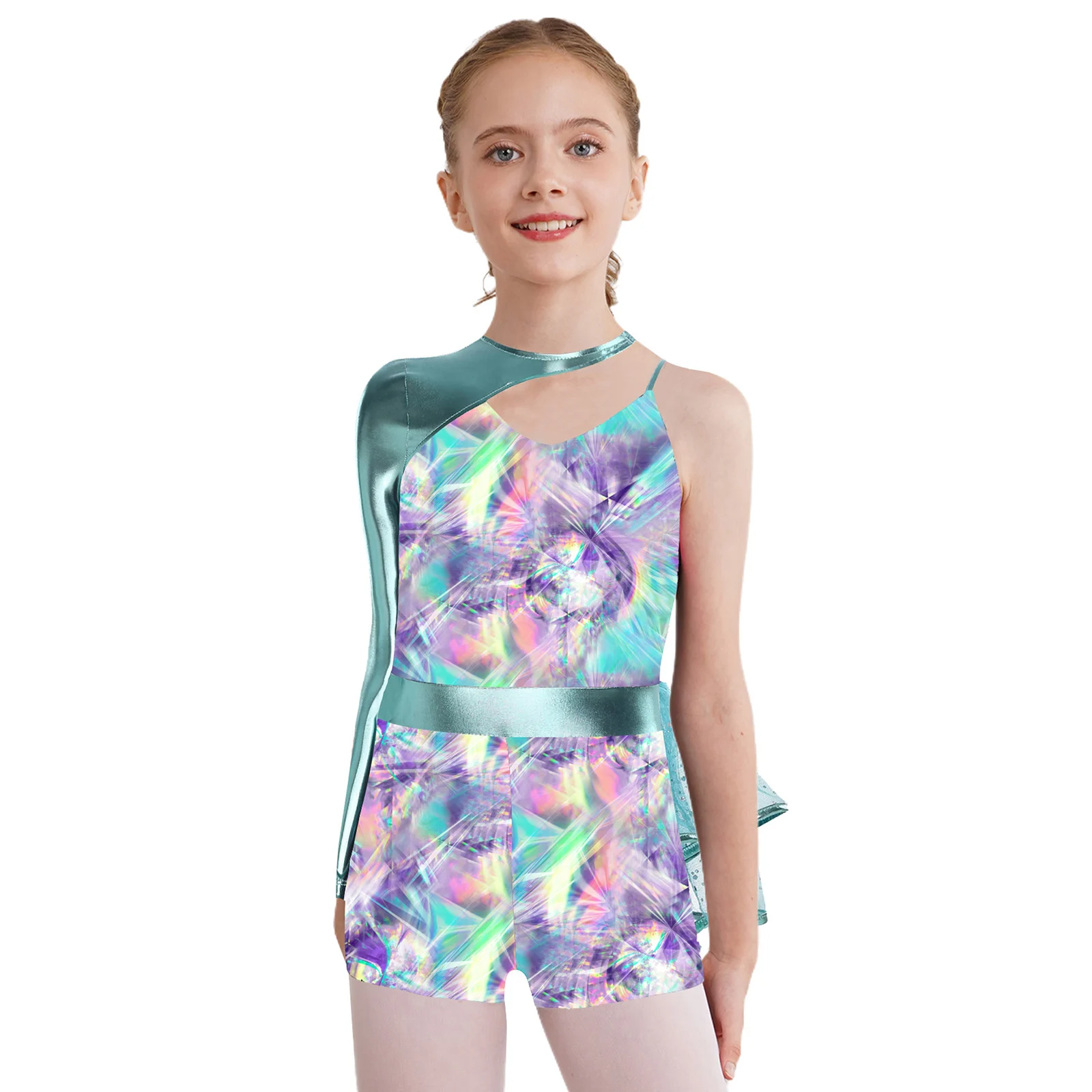 Kids Girl Shiny One Shoulder Print Sequin Mesh Ballet Dance Gymnastics Tutu Leotard Figure Skating Acrobatics Jumpsuit Dancewear
