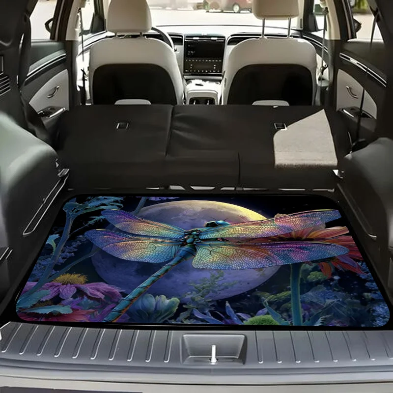 1pc Stylish Car Trunk Mat WithVibrant Iridescent Dragonfly On Pink Flower With Glowing Moon, Colorful Floral Background- Durable