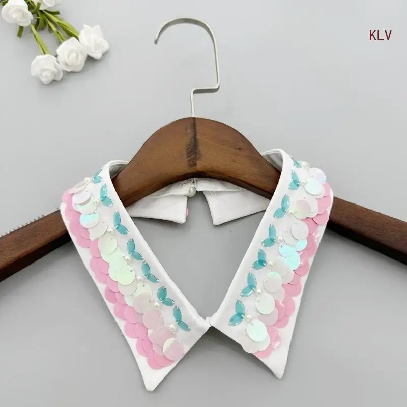 

Delicate Woman Small Pointed Lapel False Collar Sequins False Detachable Collar for Sweater Sweet Girls False Collar