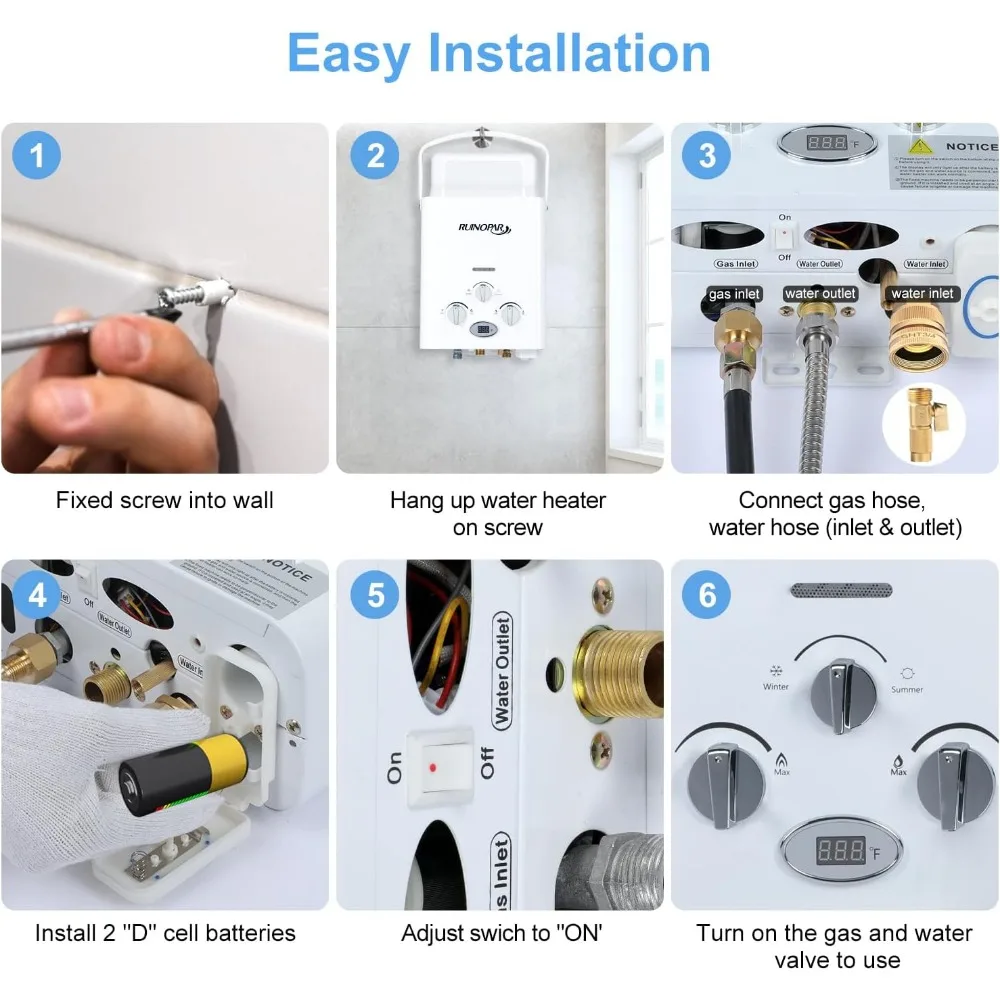 Aquecedor de água portátil propano sem tanque-6l 1.58gpm rv sob demanda gás quente ao ar livre display digital aquecedor de água para acampamento, barco
